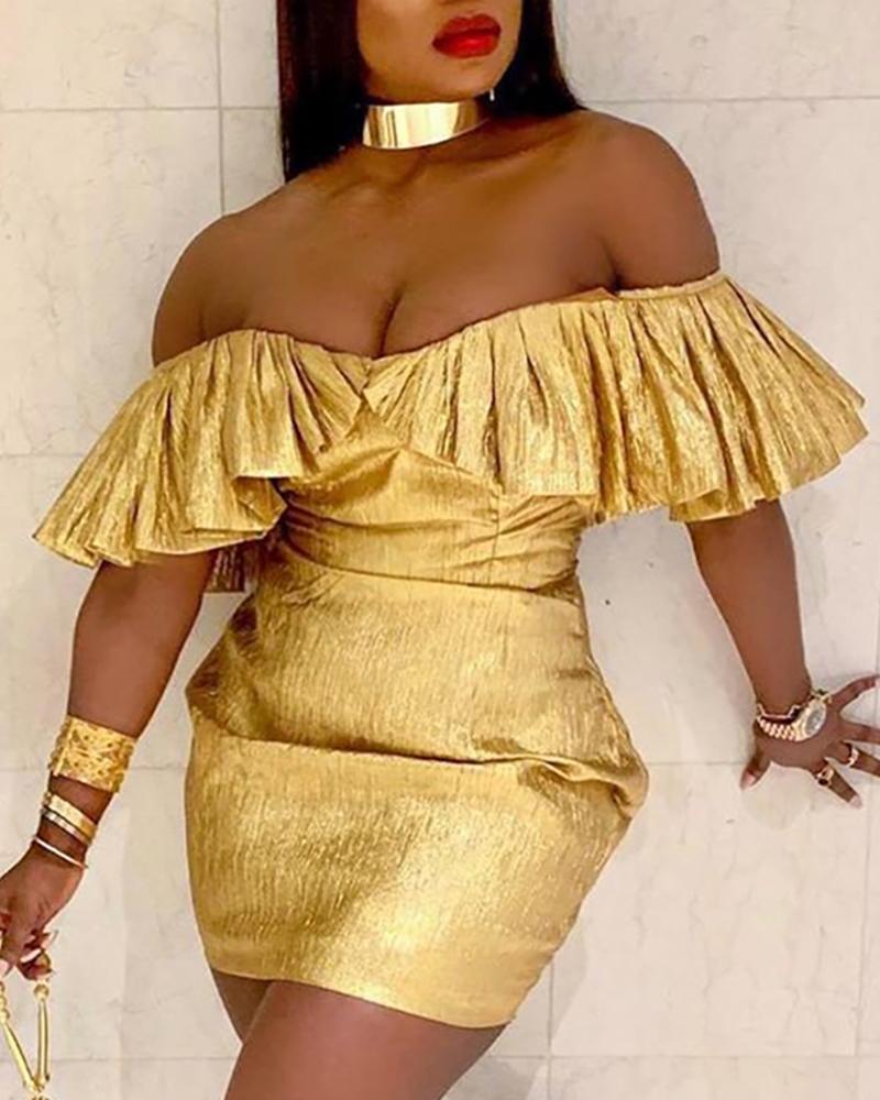 

Off Shoulder Ruffles Design Bodycon Dress, Gold