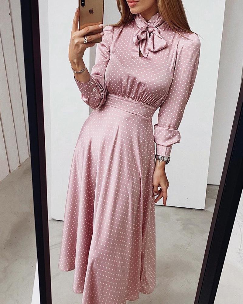 

Polka Dot Tie Neck Dress, Pink