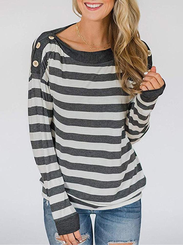 

Striped Button Design Casual T-Shirt, Gray