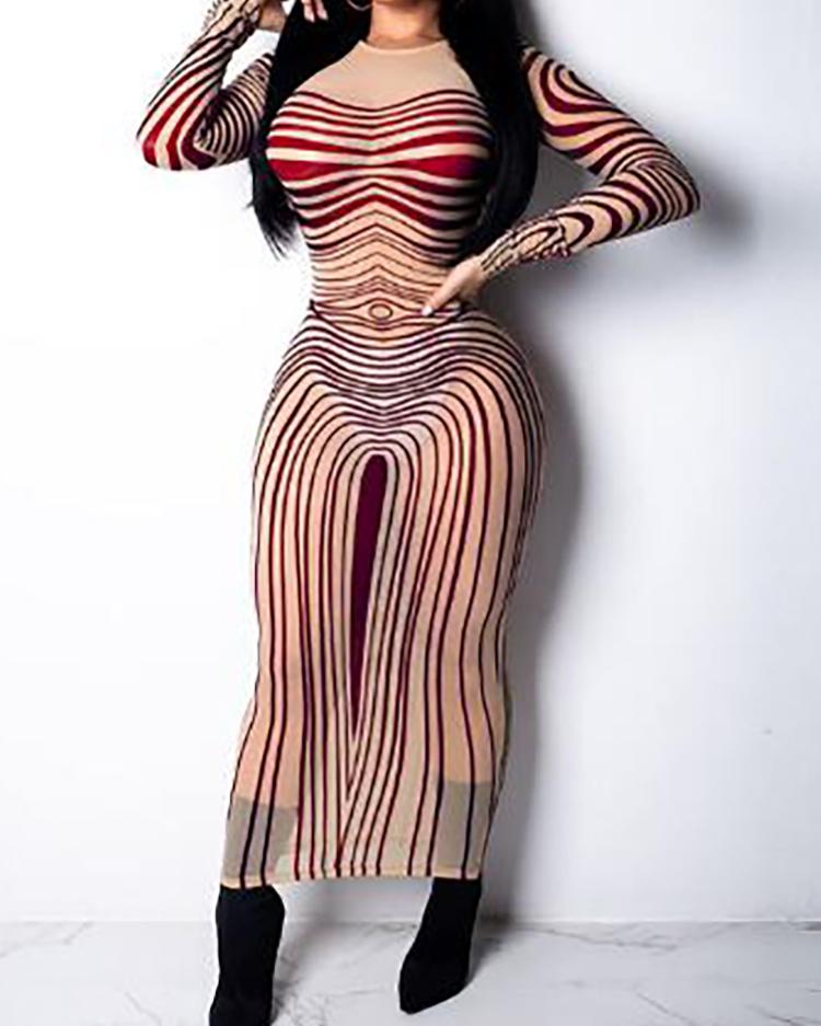 

Sheer Mesh Random Striped Print Dress