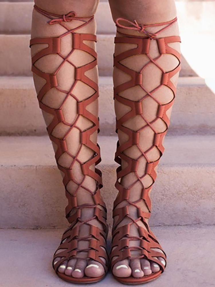 

Hollow Out Lace-up Gladiator Flat Boots - Brown