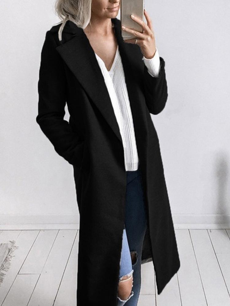 

Fashion Solid Lapel Collar Trench Coat - Black