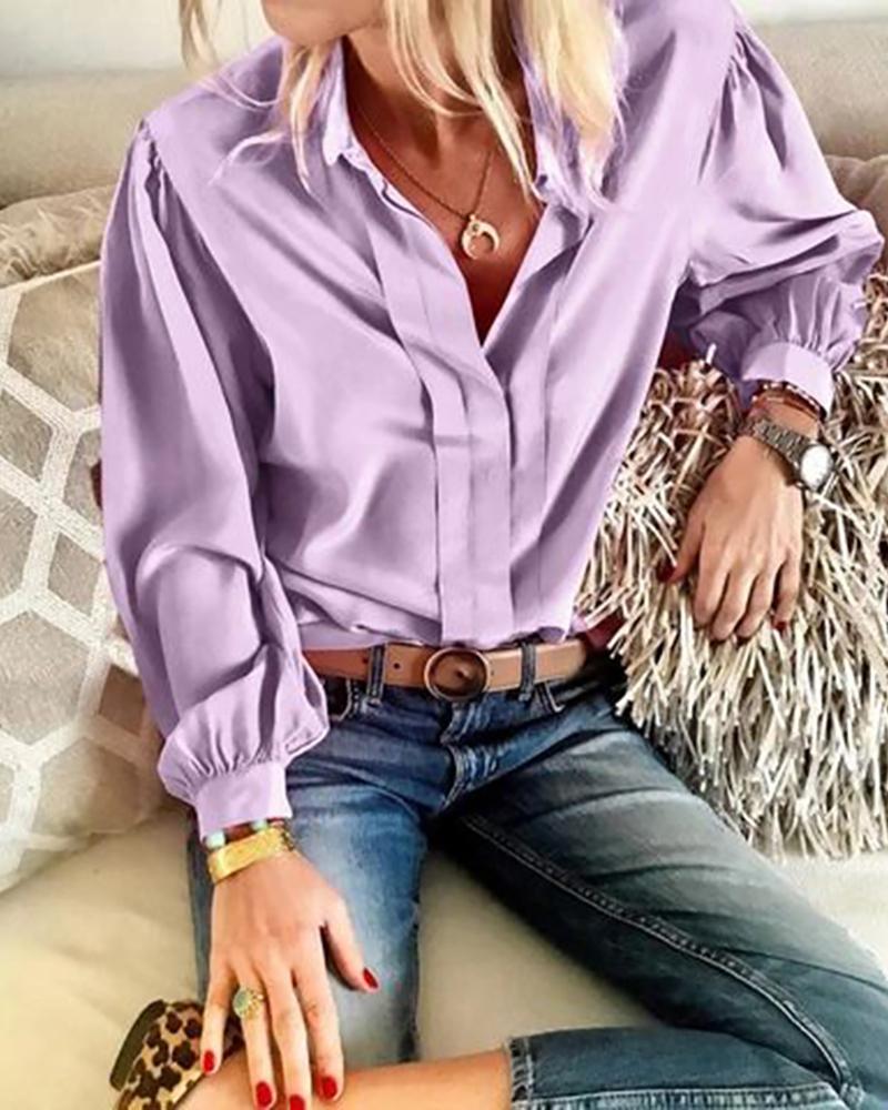 

Turn-down Collar Lantern Sleeve Ruched Shirt, Purple