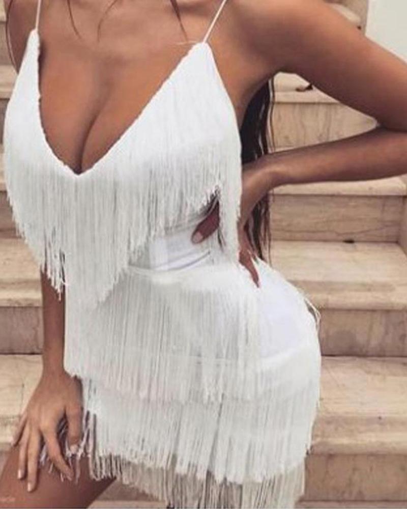 

Deep V-neck Spaghetti Strap Tass Dresses, White