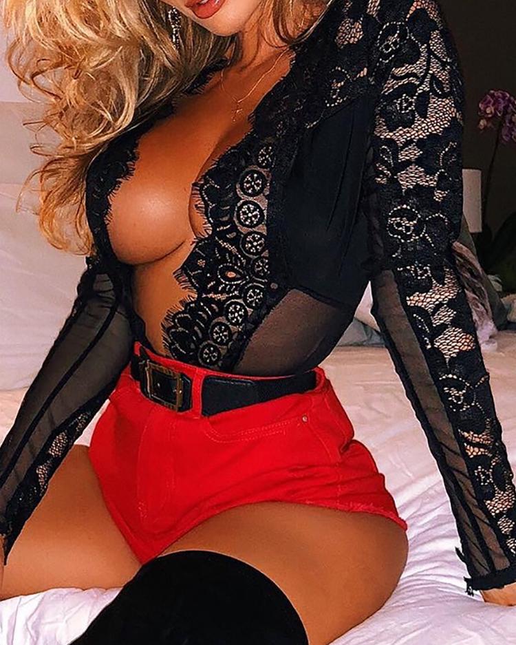 

Plunging Eyelash Lace Insert Sheer Bodysuit