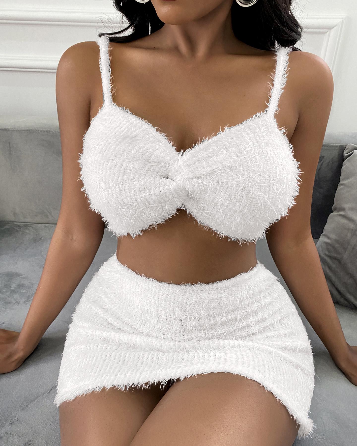 

Fluffy Twisted Crop Top & Skirt Set, White