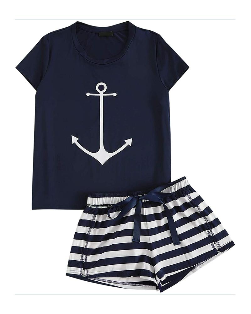 

Boat Anchor Print Striped Pajamas Set, Dark blue
