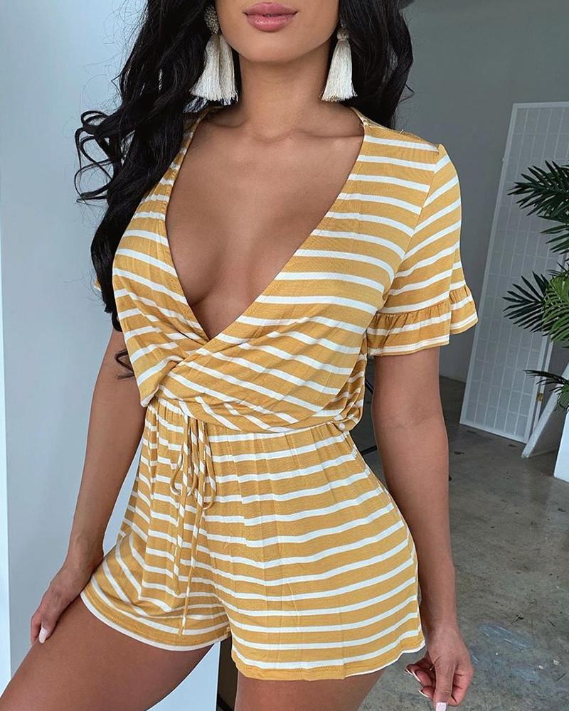 

V-neck Ruffles Striped Romper, Yellow