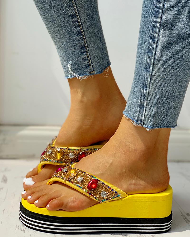 

Diamante Trim Design Casual Platform Sandals, Yellow