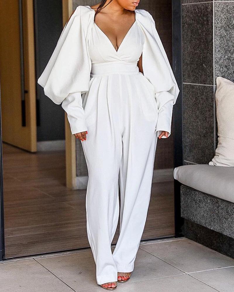 

Billowing Split Sleeve Plunge Jumpsuits, White