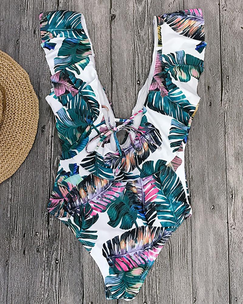 

Floral Print Ruffles One-Piece Swimsuit, Dark green