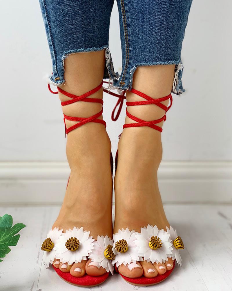 

Flower Lace-Up Chunky Heeled Sandals, Red