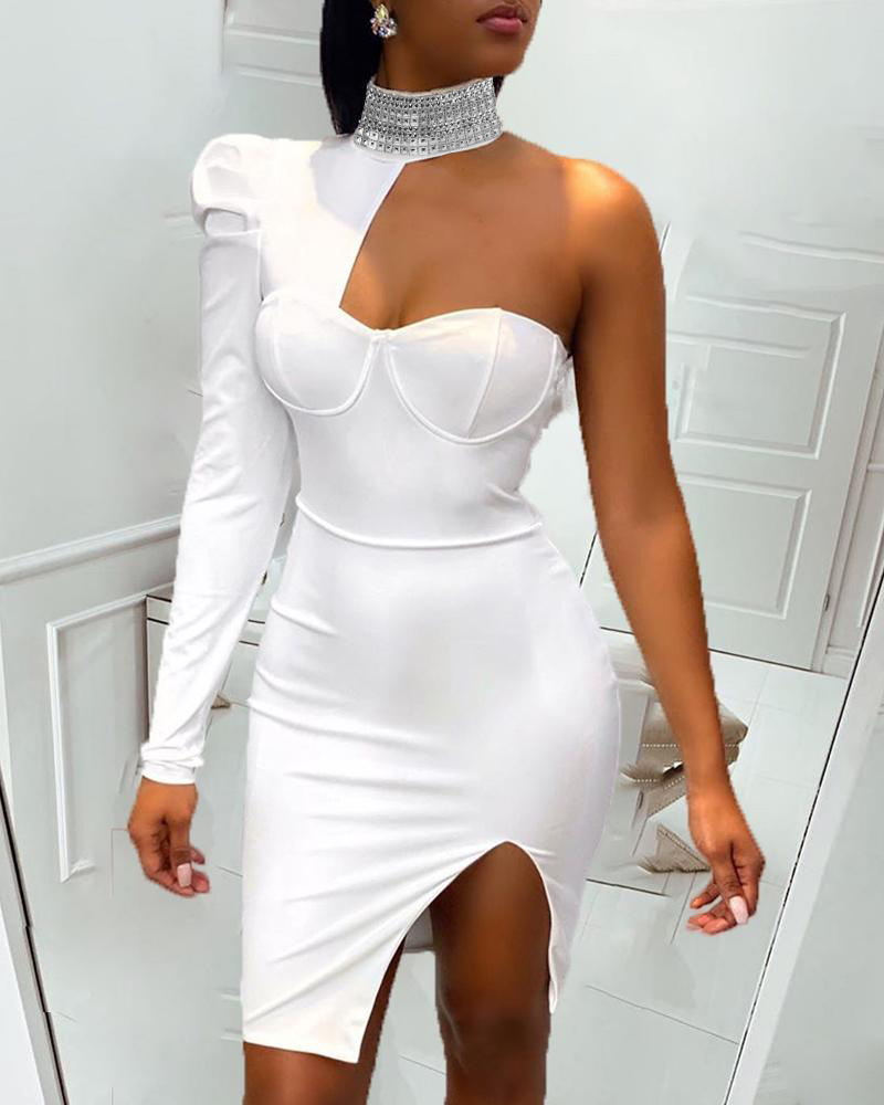 

One Shoulder Slit Sequins Bodycon Dress, White