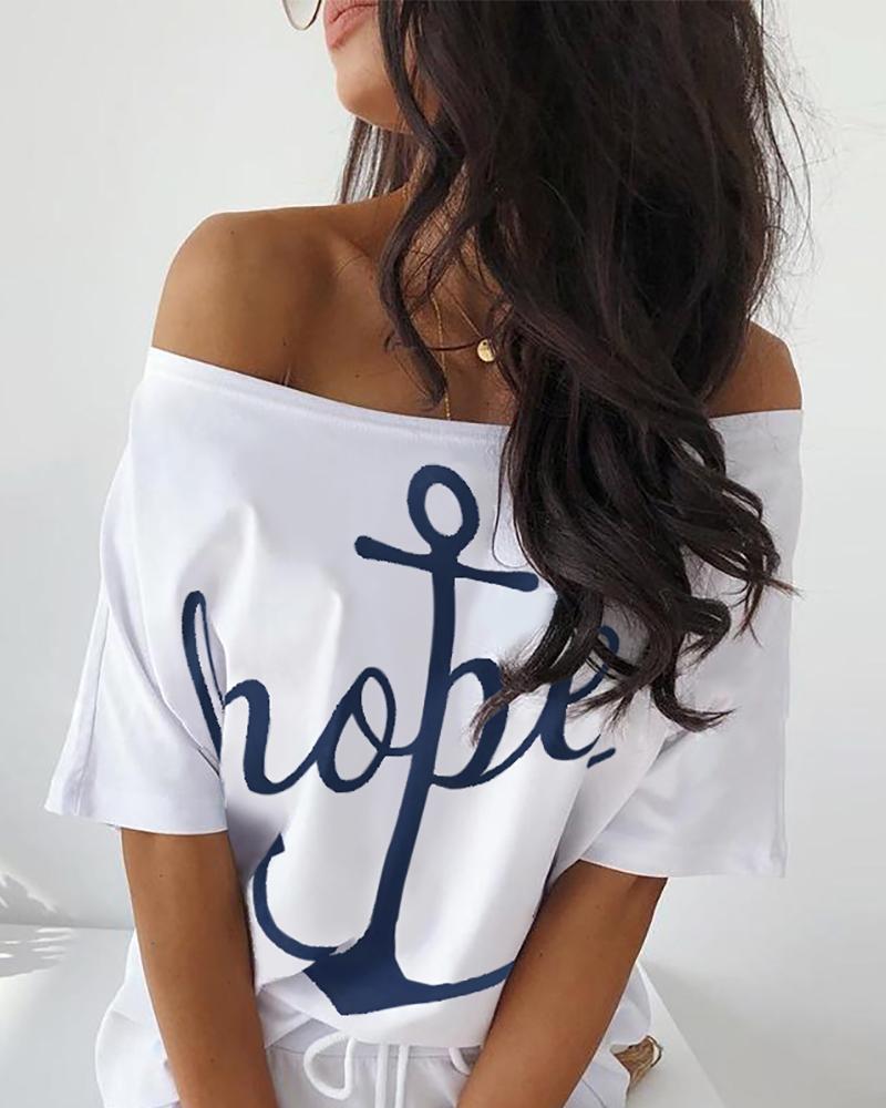 

Off Shoulder Boat Anchor Print T-Shirt, White