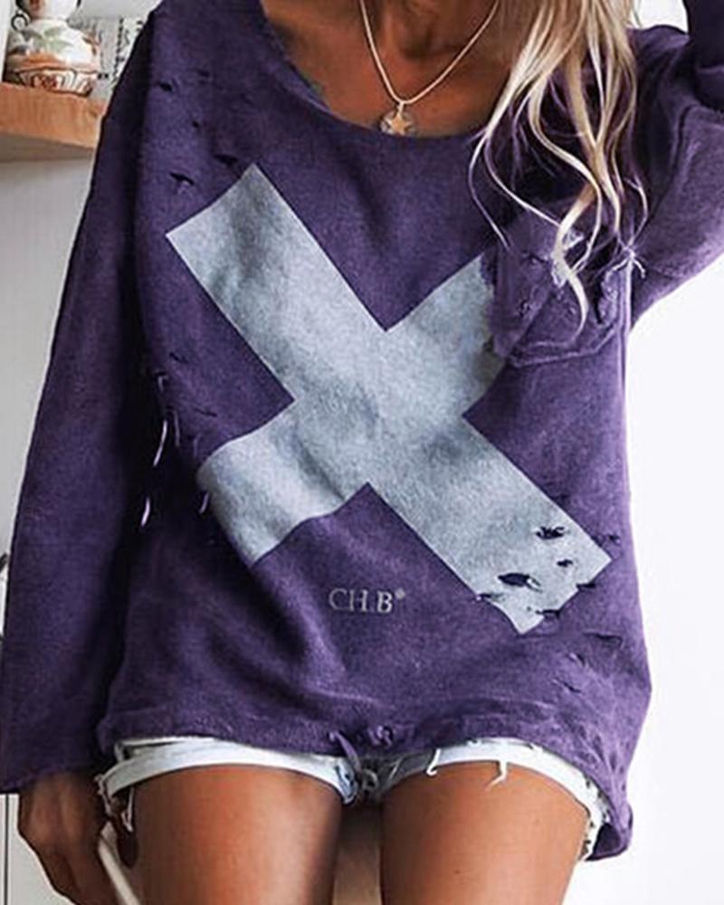 

Letter Print Hollow Out T-shirt, Purple