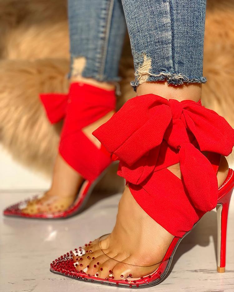 

Beaded Transparent Bowknot Embellished Thin Heels, Red