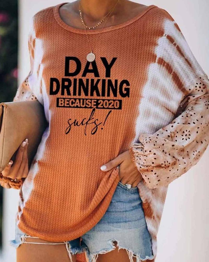 

Letter Tie Dye Print Eyelet Embroidery Top, Orange