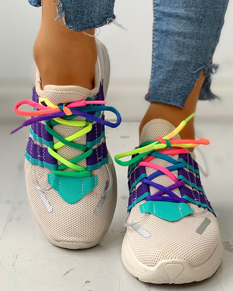 

Colorblock Lace-Up Casual Sneakers, Beige