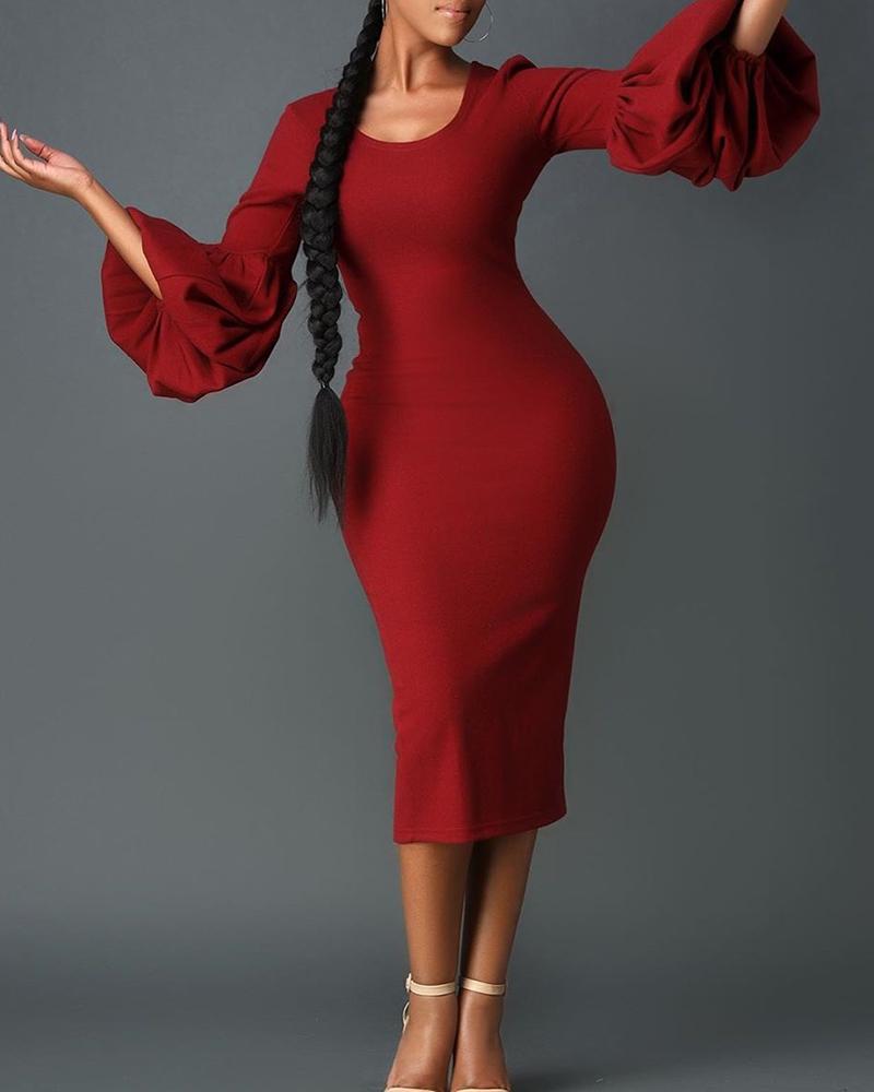 

Solid Puff Sleeve Bodycon Dress, Wine red