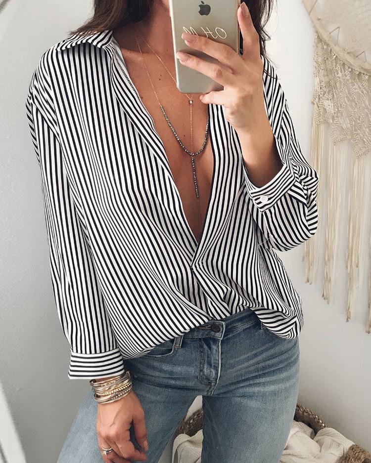 

Low Cut Striped Long Sleeve Casual Blouse, Black