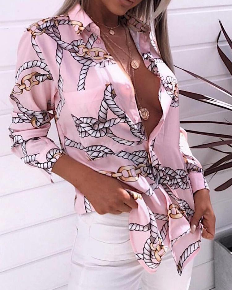 

Rope Print Long Sleeve Casual Shirt, Pink