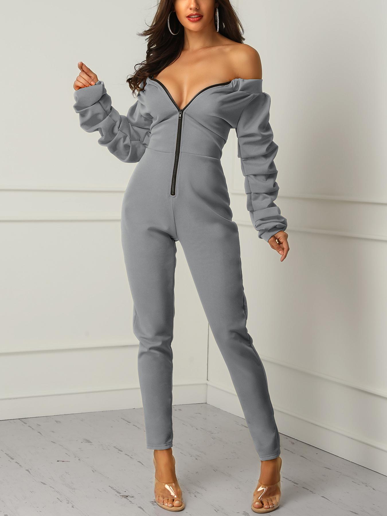 

Off Shoulder Heap Sleeve Zipper Jumpsuits