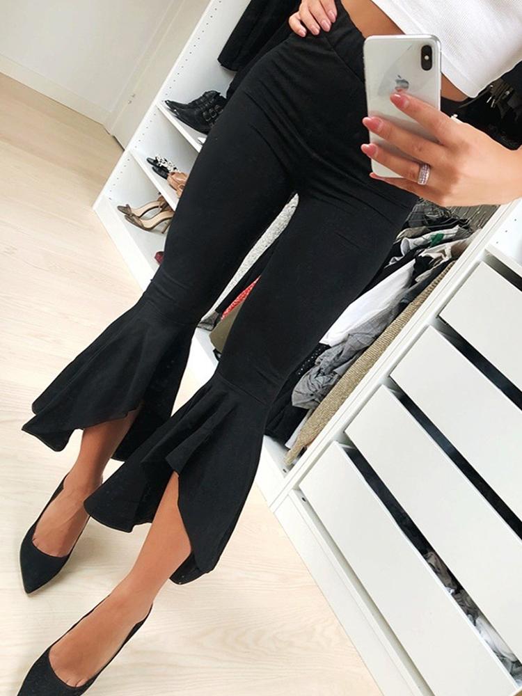 

Solid Skinny Flounced Flared Long Pants