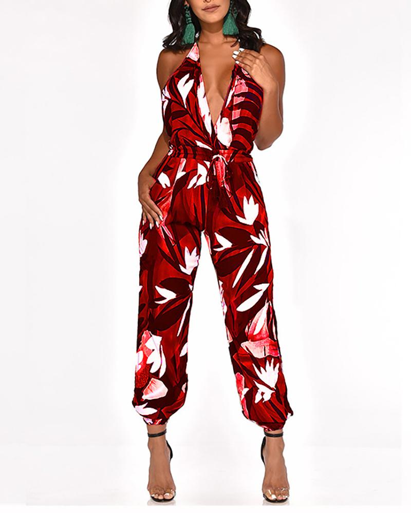 

Tropical Print Deep V Halter Backless Jumpsuits, Red