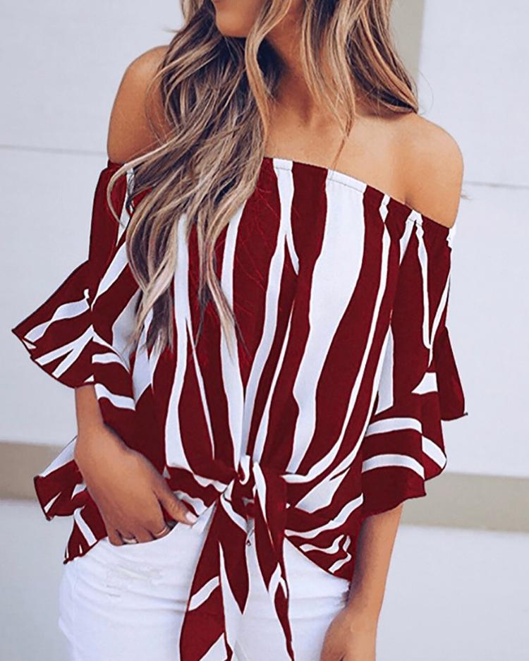 

Striped Knot Front Flared Sleeve Bardot Blouse, Wine red