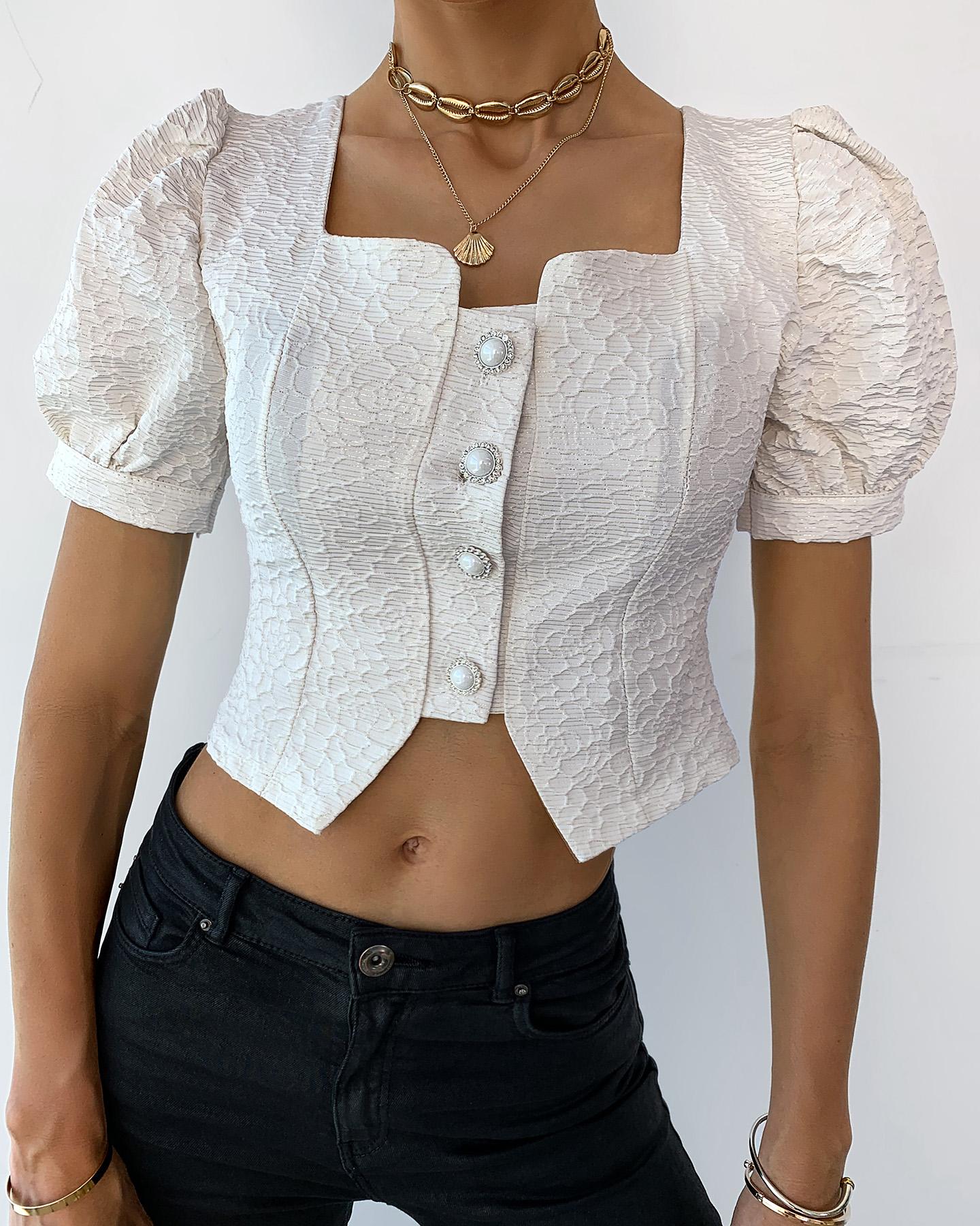 

Puff Sleeve Button Design Crop Top, White