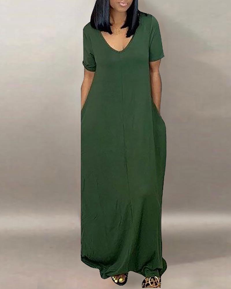 

Short Sleeve V-neck Casual Dress, Green