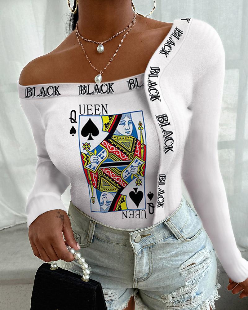 

Poker Letter Print One Shoulder Top, White