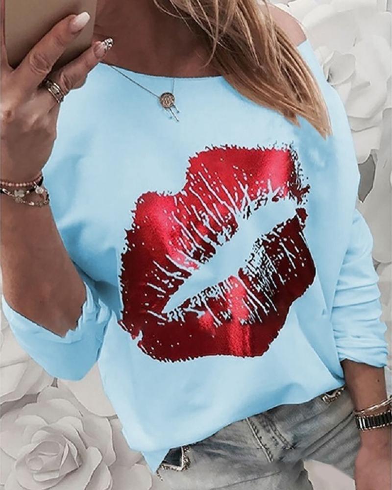 

Round Neck Mouth Print Long Sleeve T-shirt, Blue