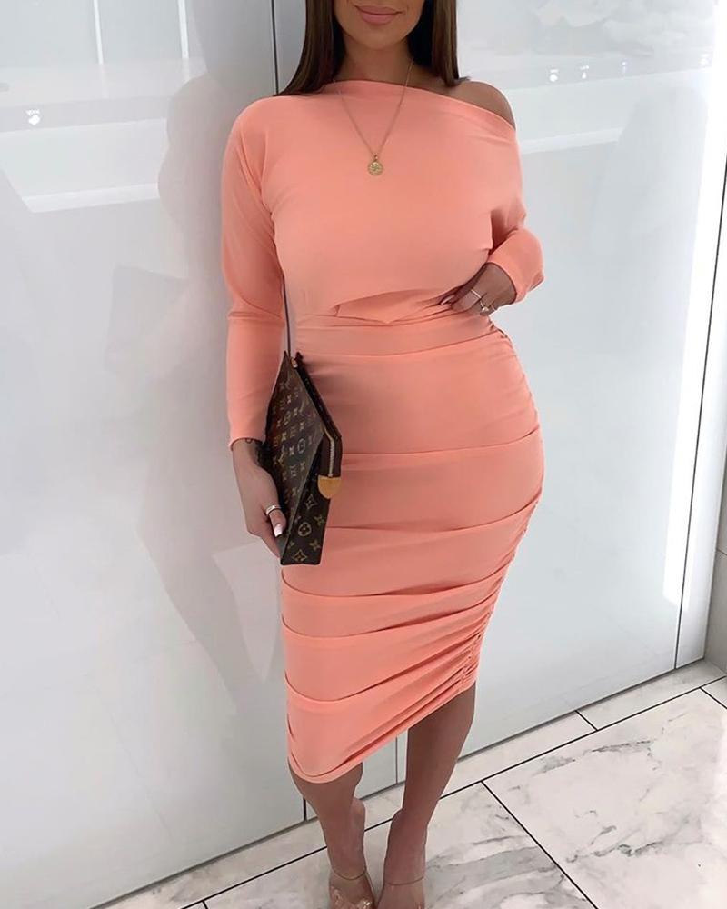 

One Shoulder Ruched Midi Dress, Pink