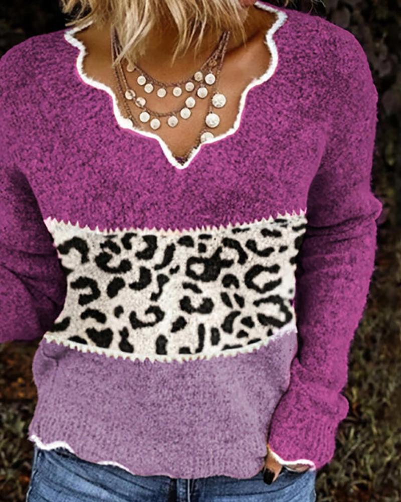 

Cheetah Print Wave Trim Long Sleeve Knit Sweater, Purple