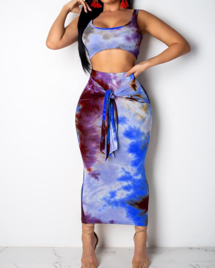 

Tie Dye U-Neck Crop Top & Sllinky Skirt Sets, Blue