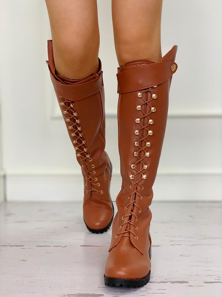 

Eyelet Lace-Up Chunky Heeled PU Boots, Brown