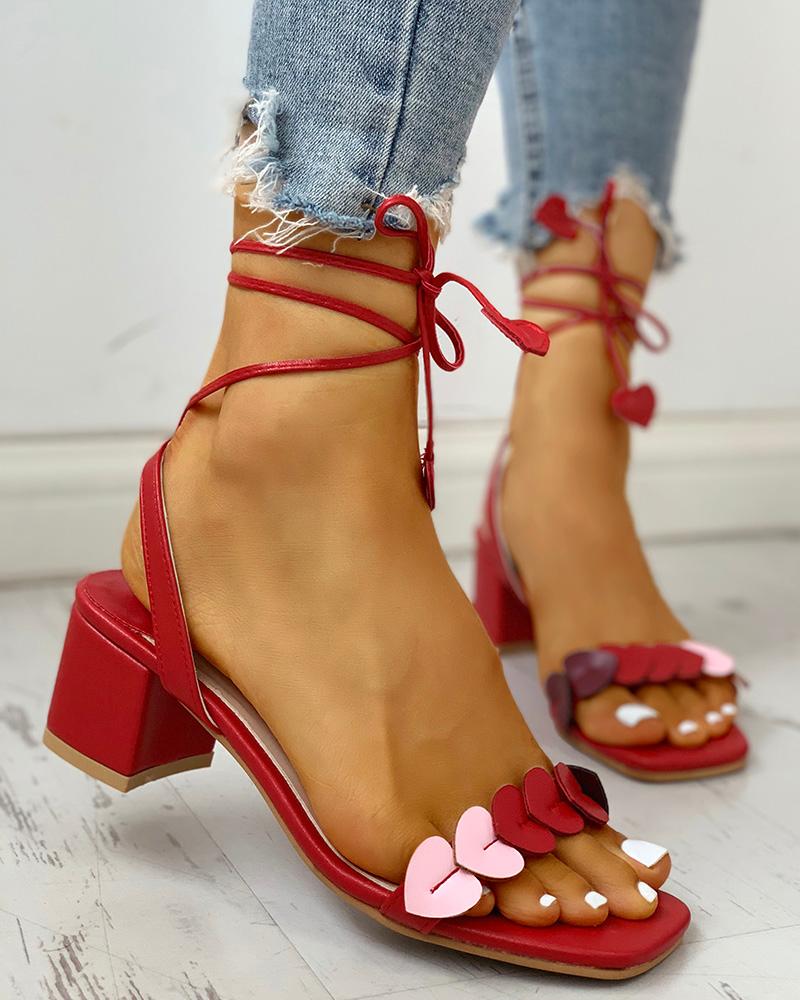 

Heart Embellished Bandage Lace-up Chunky Sandals, Red