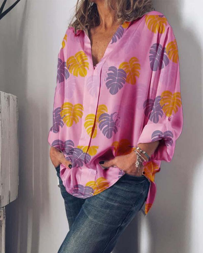 

V Neck Long Sleeve Leaf Print Top, Pink