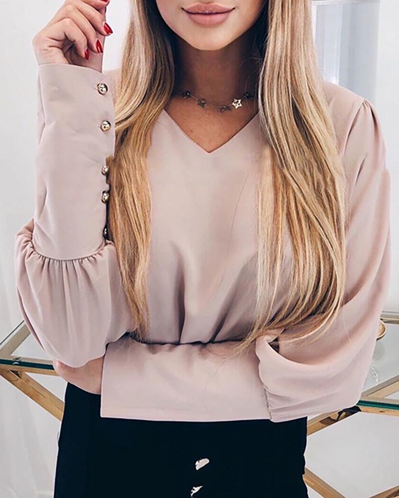 

Solid V Neck Popper Cuff Ruched Blouse, Pink