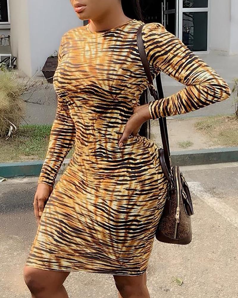 

Round Neck Abstract Tiger Print Bodycon Dress, Dark yellow