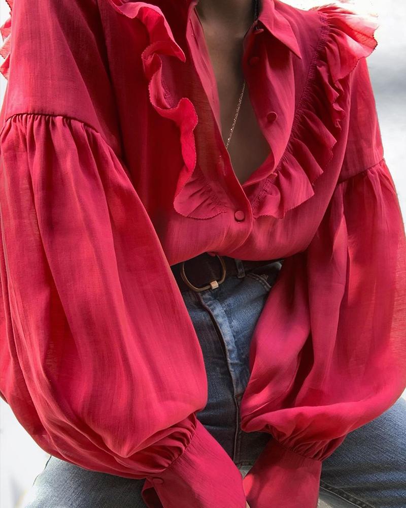 

Lantern Sleeve Ruffles Design Casual Blouse, Hot pink