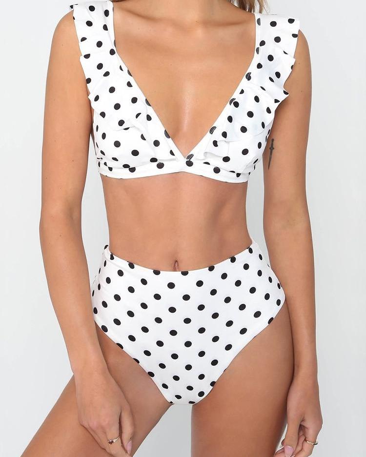 

Dots Print V Neck Ruffle Detail Bikini Set, White