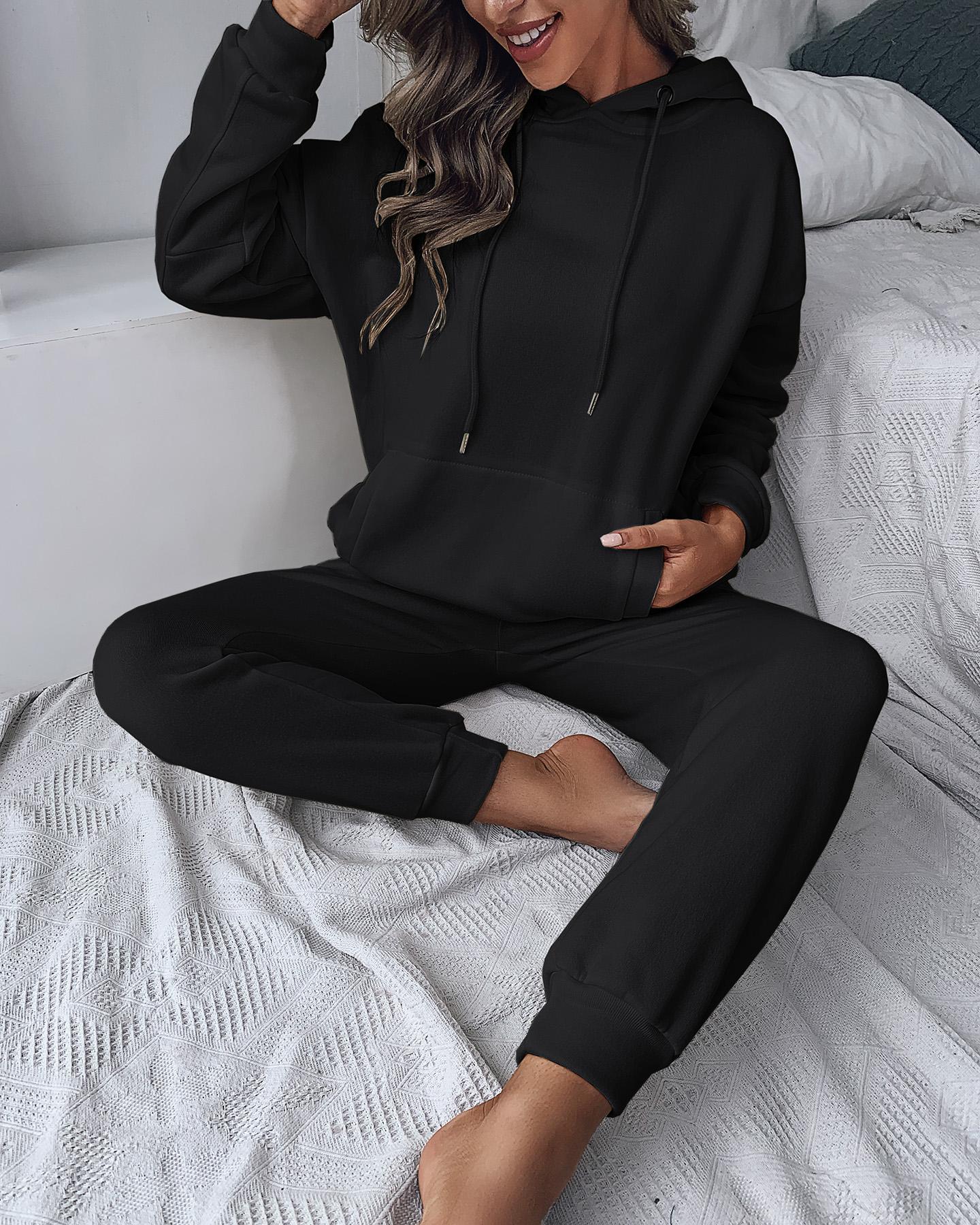 

Pocket Design Hooded Top & Pants Set, Black
