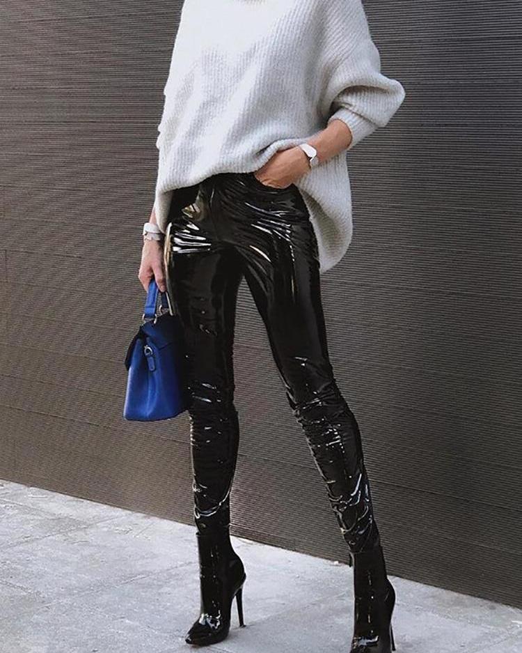 

PU High Waist Skinny Pencil Pants, Black