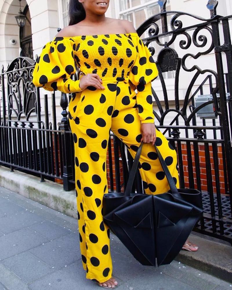 

Polka Dot Lantern Sleeve Off Shoulder Top & Pant Sets, Yellow