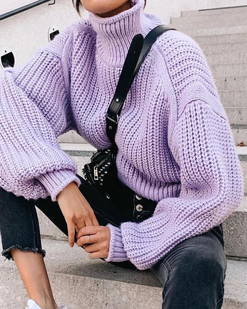 

Solid High Neck Lantern Sleeve Knitting Sweater, Purple