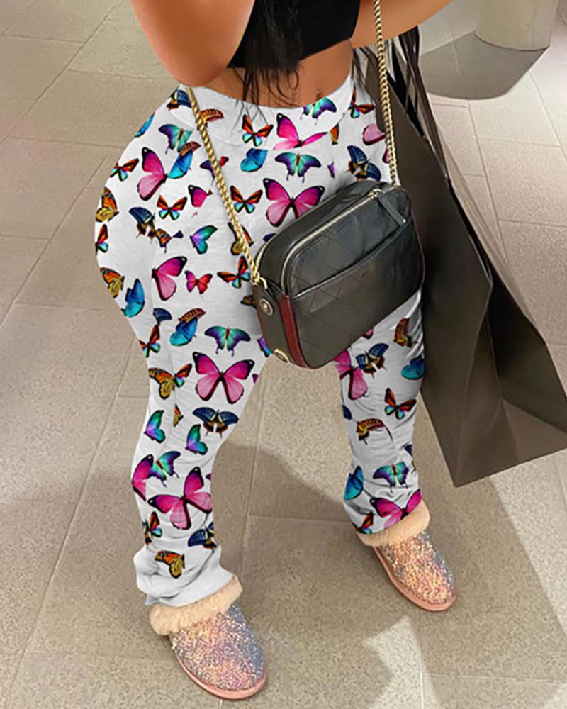 

Tie Dye Butterfly Print Casual Long Pants, White