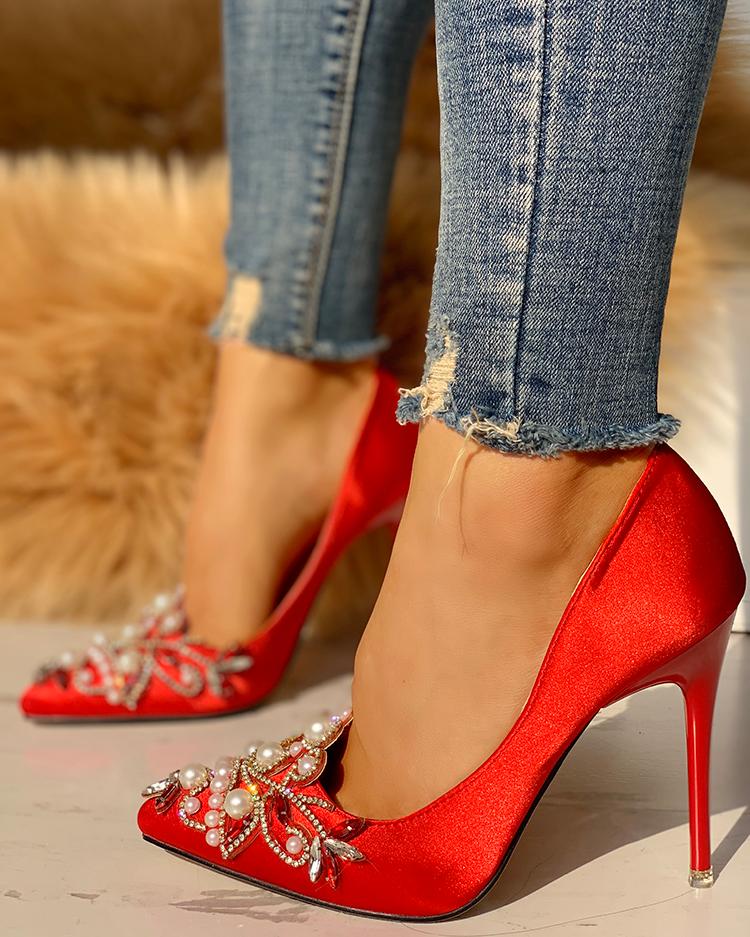 

Faux Pearl Pointed Toe Stiletto Heels, Red