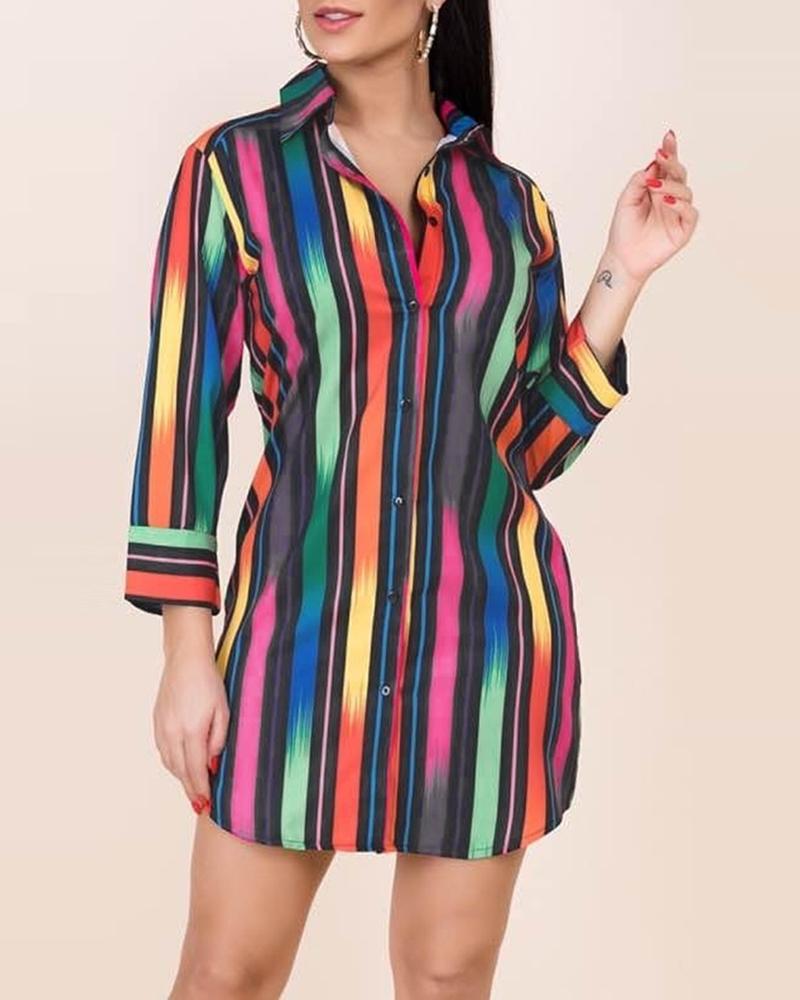 

Colorblock Long Sleeve Buttoned Casual Shirt Dress, Multicolor